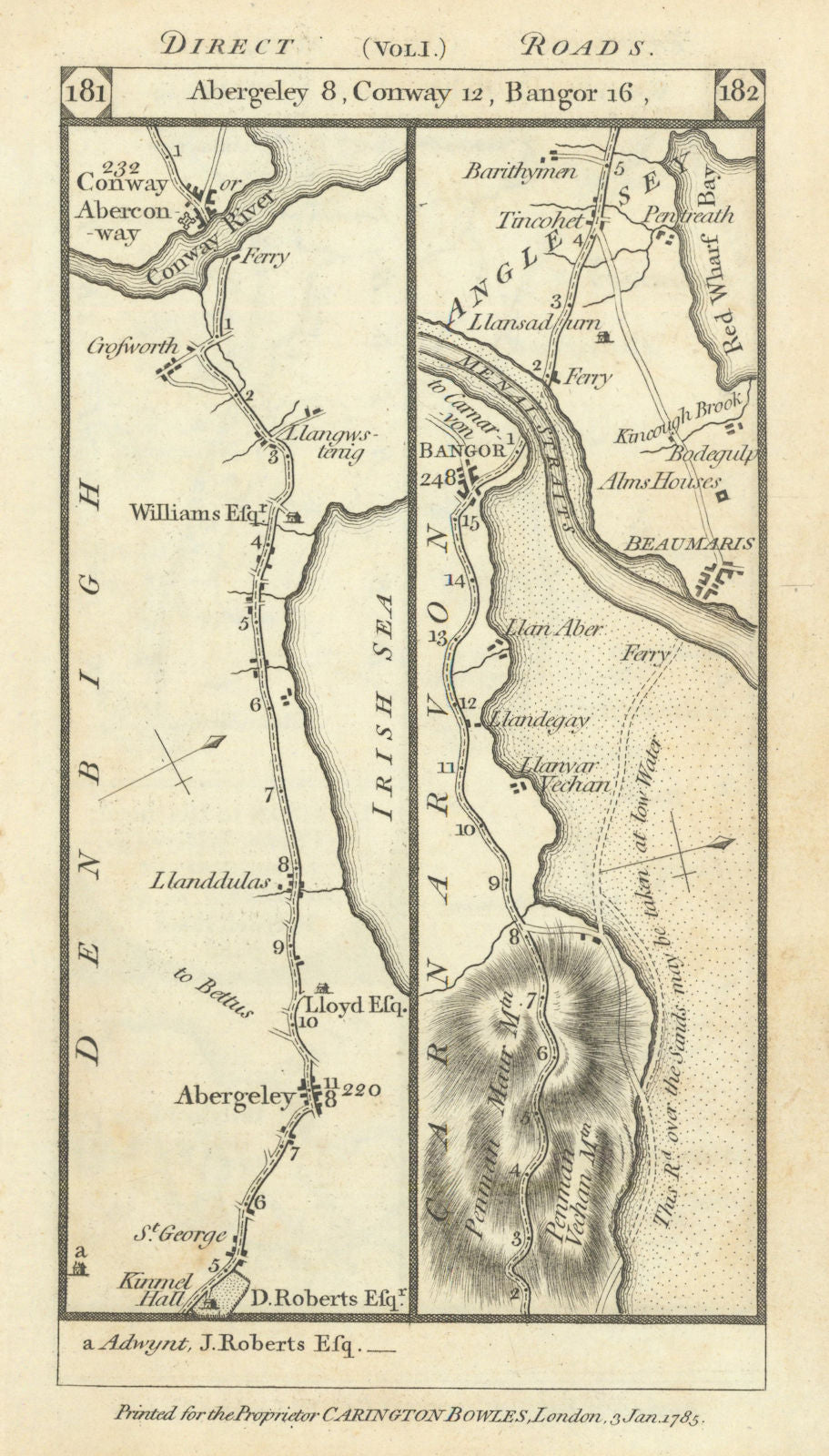Abergele-Conwy-Bangor-Beaumaris-Pentraeth road strip map PATERSON 1785 old